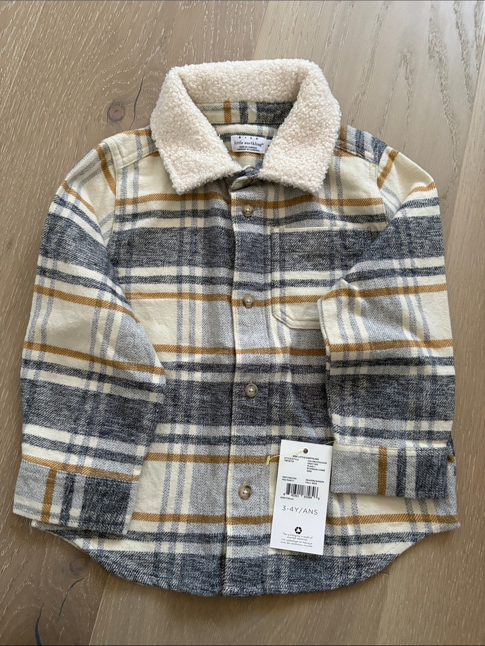 Rise Little Earthling Sherpa Collar Plaid Shacket in Cream, Gray & Mustard